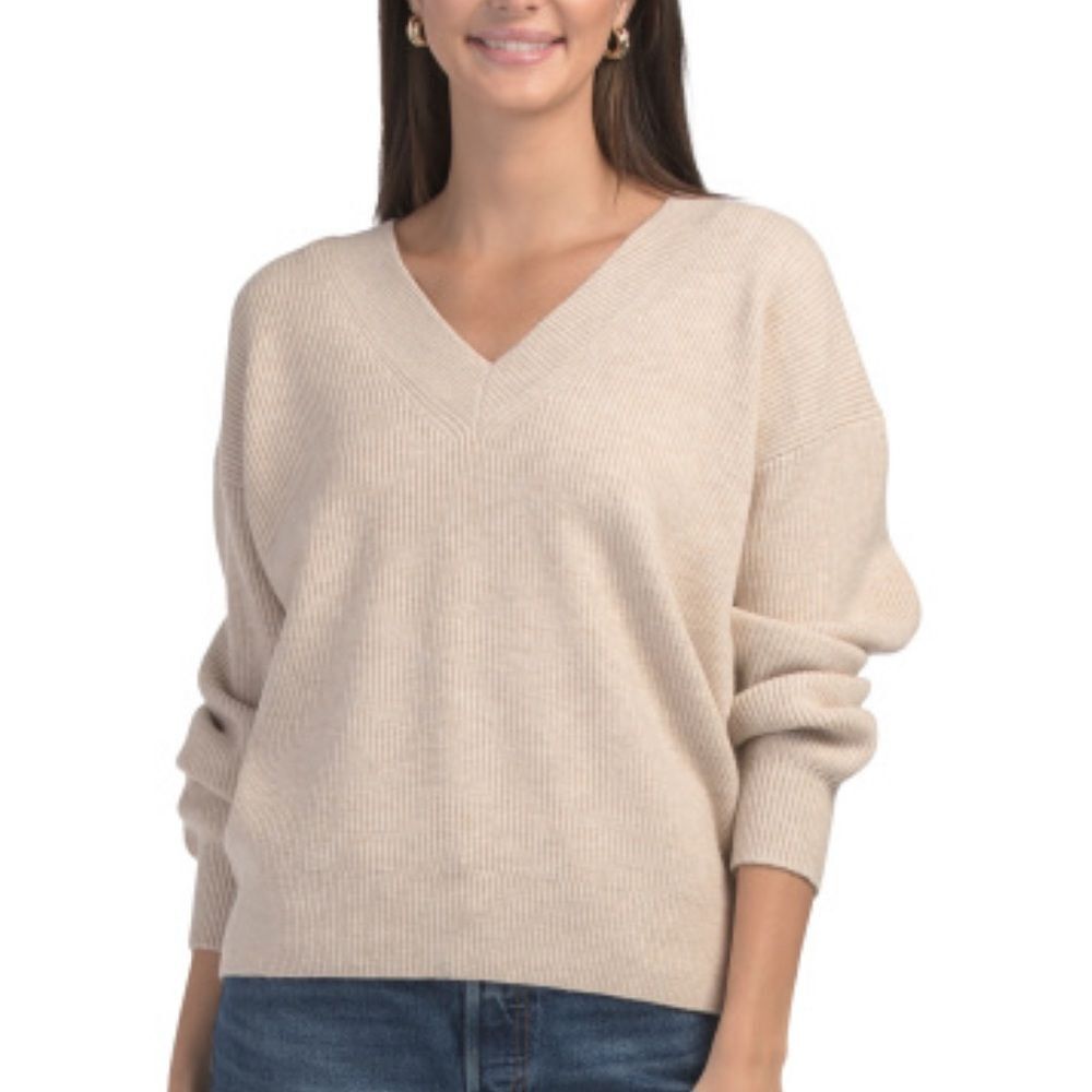 525 America XS-S Luxe Oversized Wheat Light Brown V-Neck Balloon Sleeve Sweater